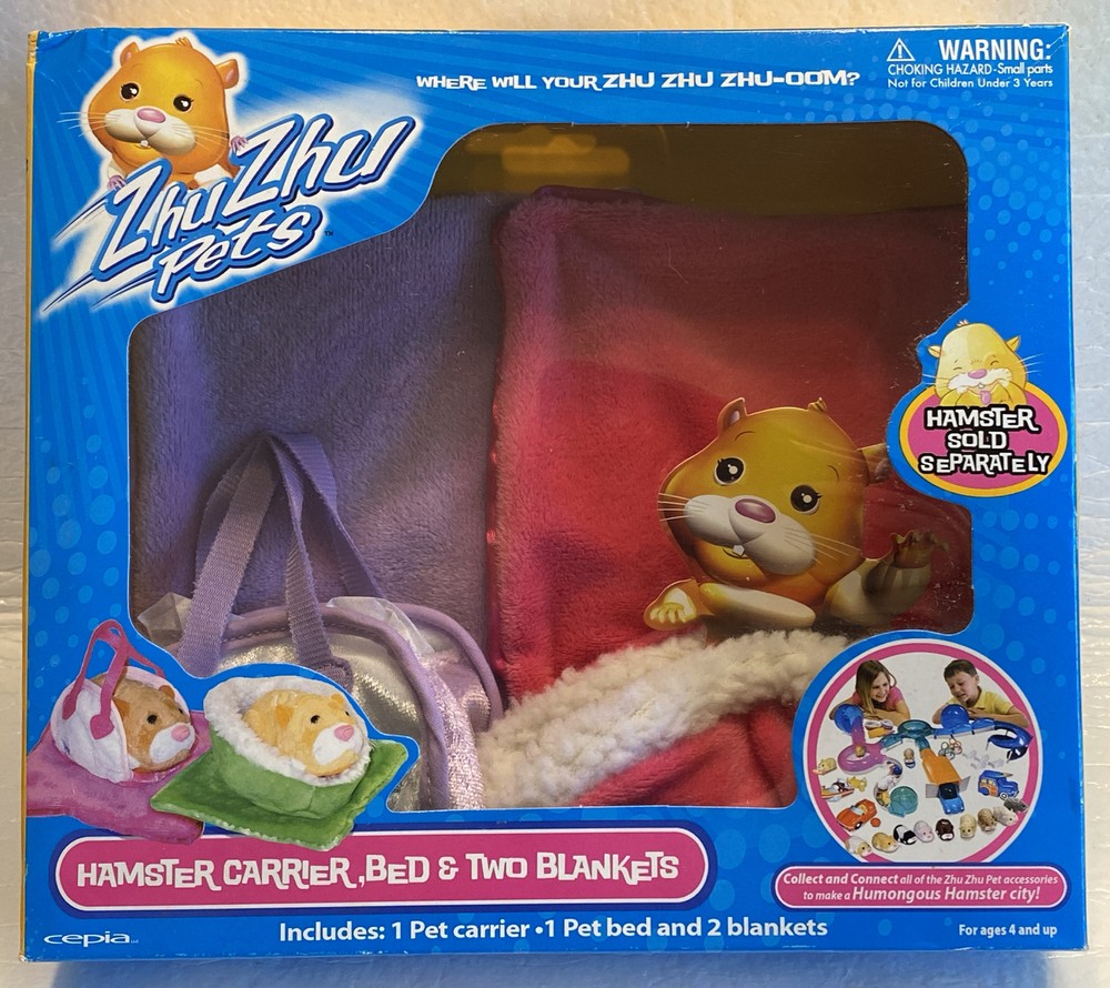 Zhu Zhu Pets Hamster ~ Pet Carrier, Bed, & 2 Blankets ~ PURPLE & PINK ~ NIB
