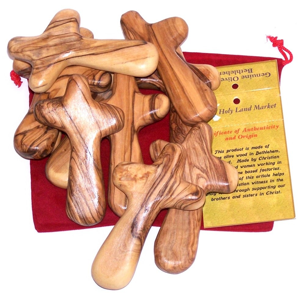 10 Olive Wood Holding Hand Crosses with Gift Bags (With Red or Black Velvet Bag