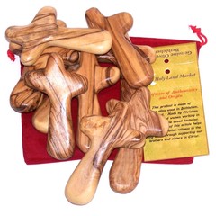 10 Olive Wood Holding Hand Crosses with Gift Bags (With Red or Black Velvet Bag