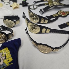 Huge WWE Wrestling Figure Accessory Lot ~90 Pcs Belts Shirts Boots Masks Mattel