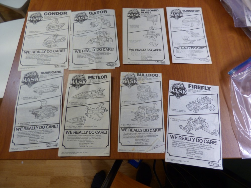 Lot of 8 MASK Kenner Instructions plus brochure, Firefly, Meteor, Gator, Condor