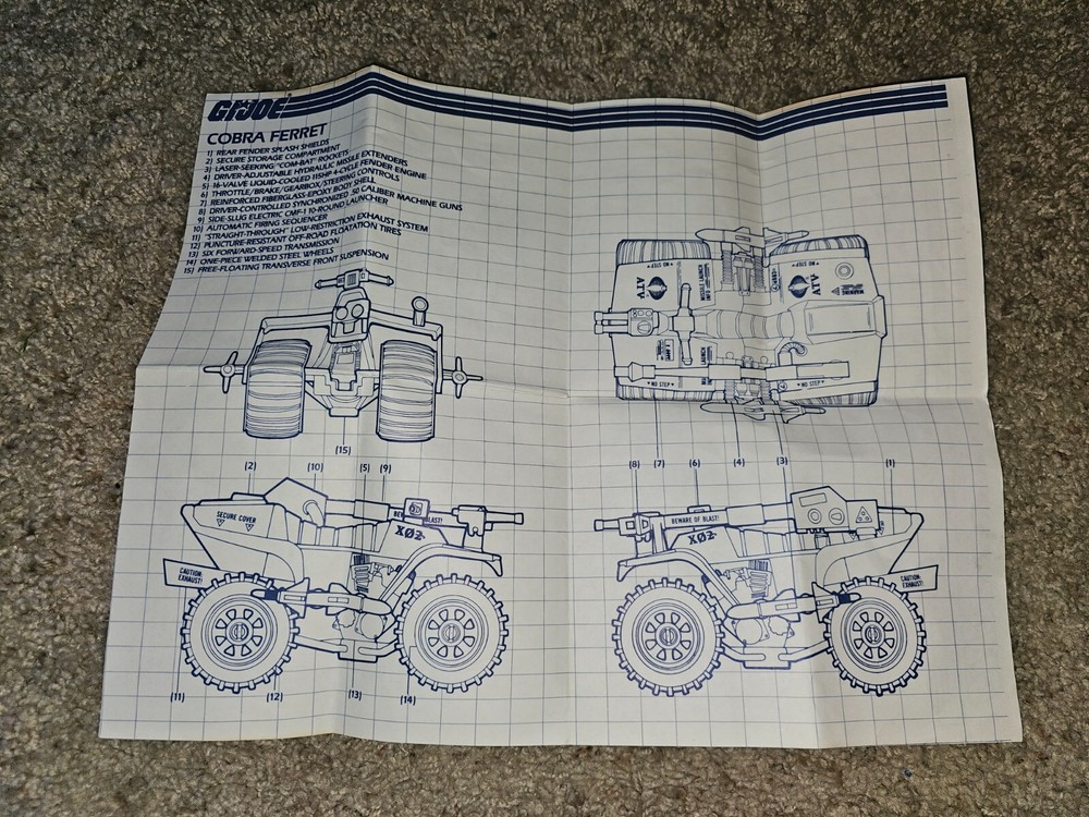 Vintage G.I. Joe Cobra Ferret Original Paper Blueprints Hasbro 1985