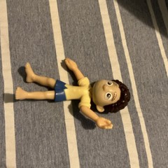 Plastic Human Action Figure Yellow Shirt Blue Shorts Brown/Beige Hair & Skin