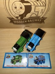 THOMAS & PERCY ! THOMAS FRIENDS TRAIN WOODEN 1998 WOODEN FUNNEL BRITT ALLCROFT