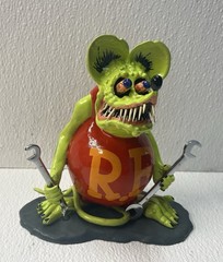 Rat Fink Style Mouse Figurine w/ Flag – Plastic Green Red Yellow Black