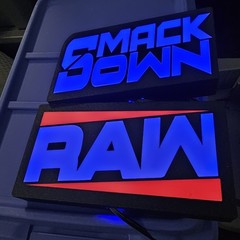 WWE Mattel 3D Printed RAW SMACKDOWN 8 X 4 Lighted Wall Logo Accessory Bundle