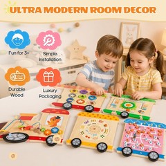Wooden Train Busy Board, Montessori Sensory Activity Wall Toy, 6-in-1 Toddler…
