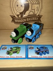 THOMAS & PERCY ! THOMAS FRIENDS TRAIN WOODEN 1998 WOODEN FUNNEL BRITT ALLCROFT