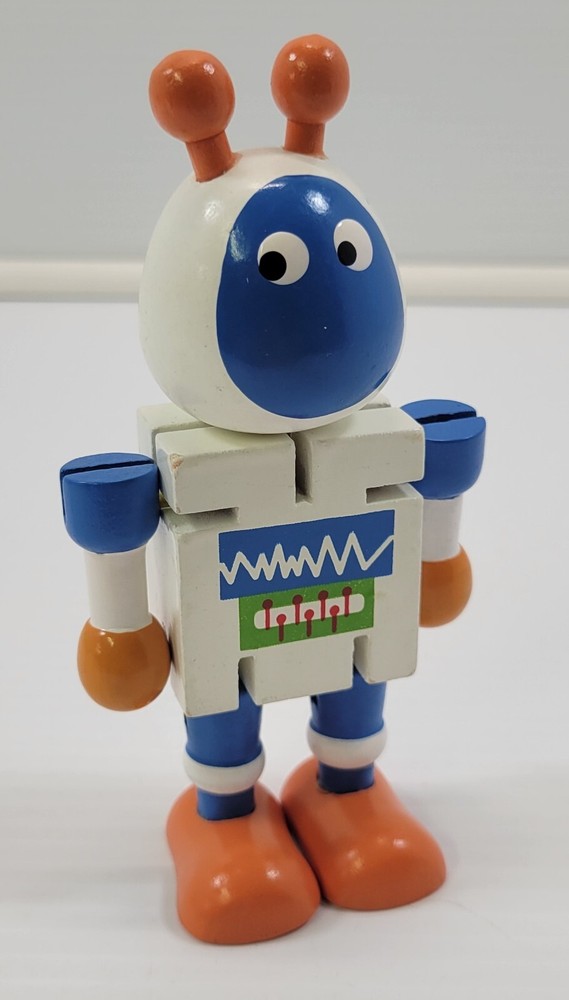 *B8) Toysmith Flexi Articulated Wooden Robot Toy Orange Blue White