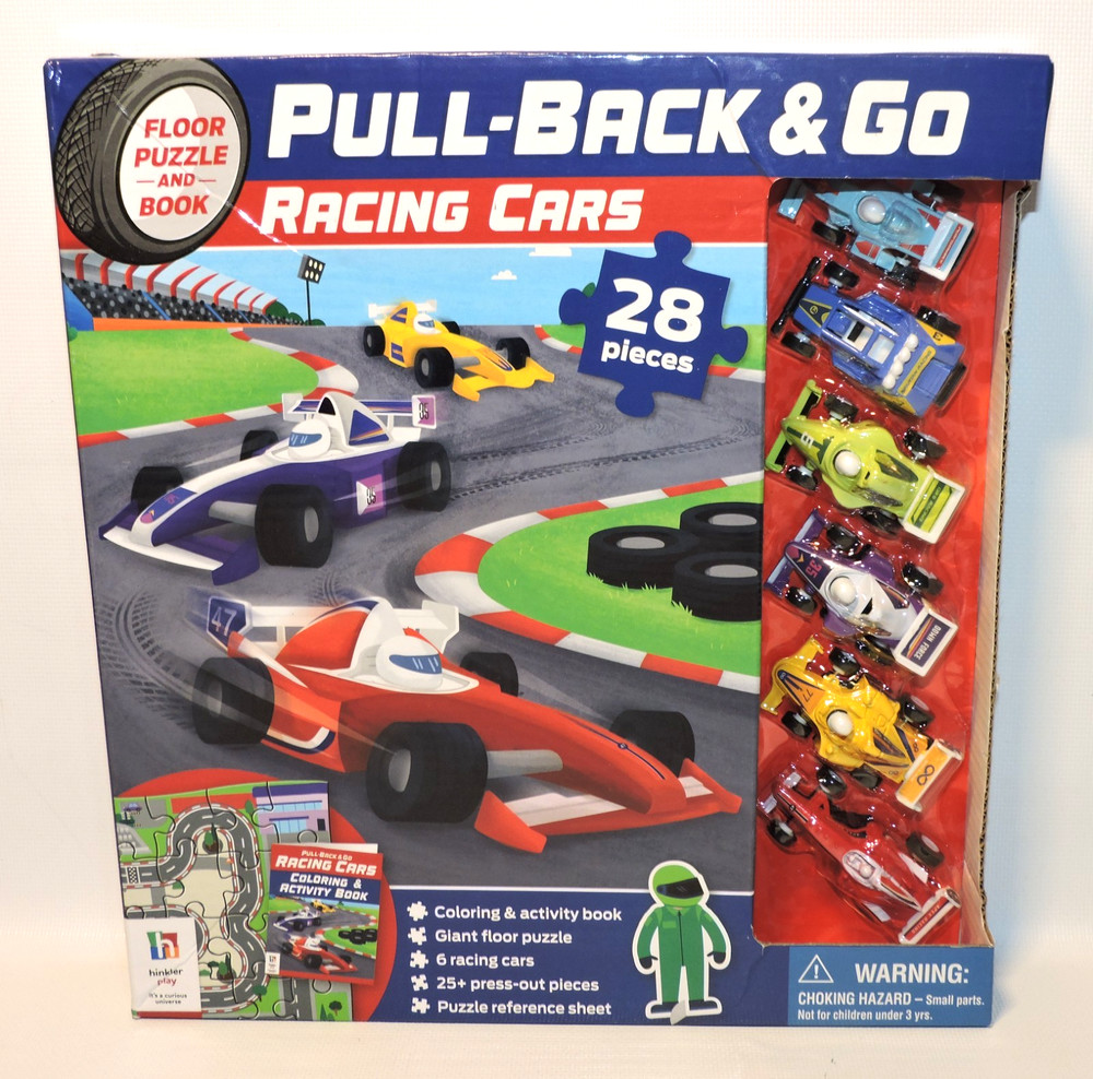 Pull Back & Go Racing Car Toys Set 6 Cars w Floor Puzzle, Book Ages 3+, NEW READ
