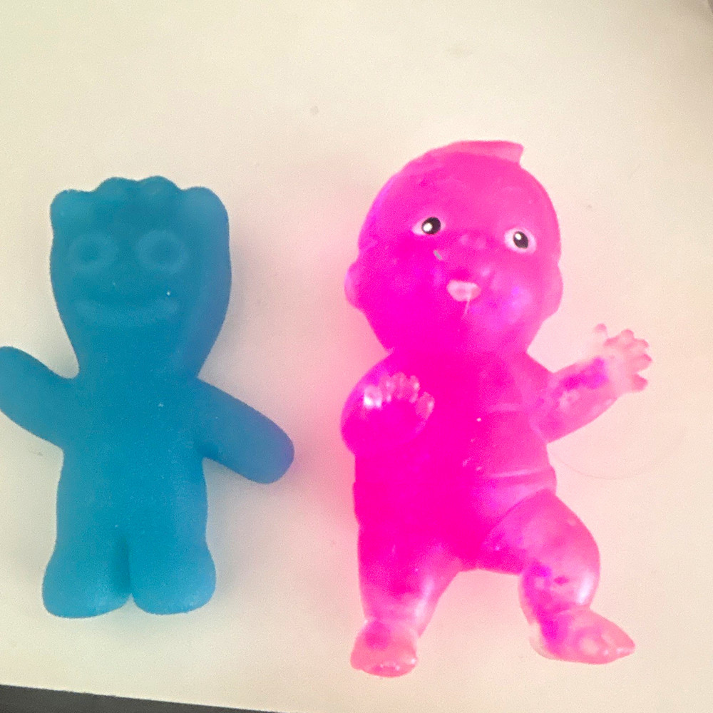 Plastic Baby Figurine Lot, 2pc Small Figures, Translucent Pink & Blue