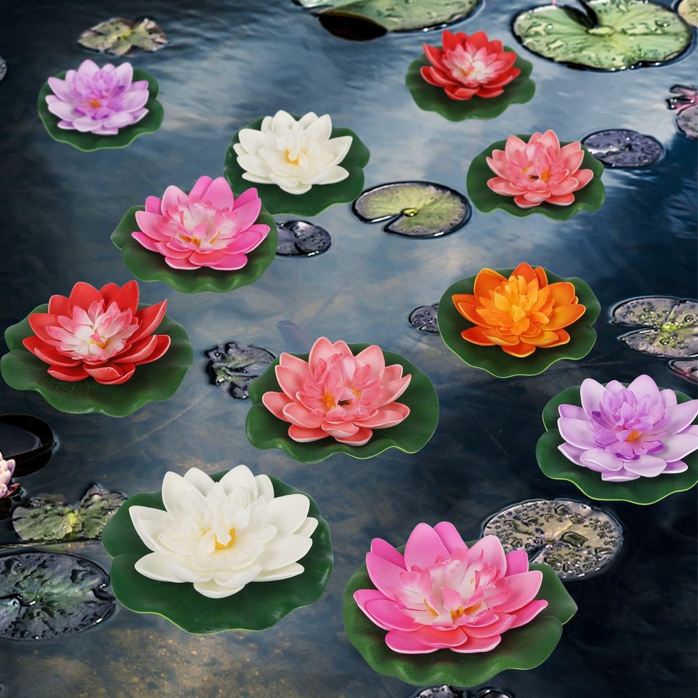 Happy Trees 12 Pcs Artificial Floating Foam Lotus Flower with Water Lily Pad
