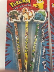 6 Pencils With Eraser Toppers Vintage 1999 Pokémon Gotta Catch ’em All! Rose Art