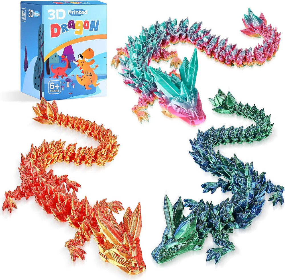 3Pcs 12In 3D Printed Crystal Dragon,3D Printed Flexible Articulated Dragon,Home