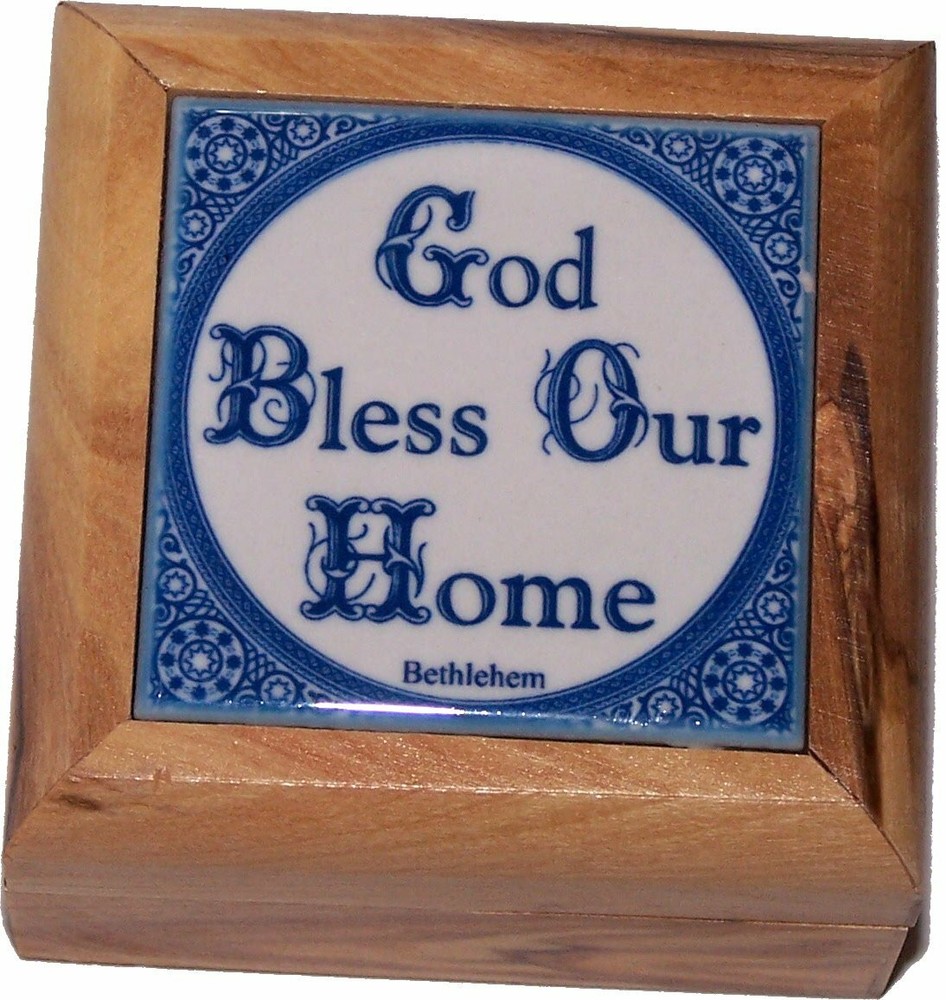 First Communion Rosary Box – Bethlehem Olive Wood (Ceramic – God Bless Our Home)