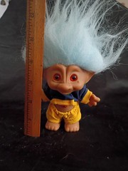 Vtg Troll Doll Ace Novelty Red Ruby Gem, Light Blue Hair, Yellow Corduroy