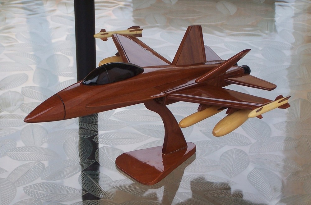 US Navy F-18 Model Jet Aircraft Hand Carved Mahogany High Gloss