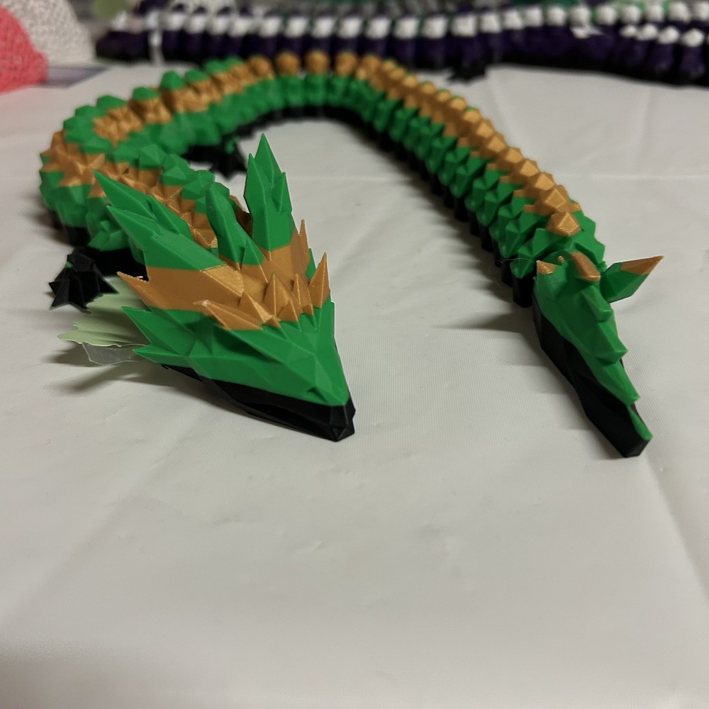 3D Printed Full Articulated Dragon Green Gold Fidget Toys Home Office Decor 24 “