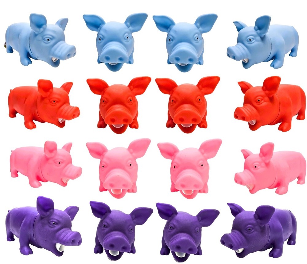 8″ Snorting Colored Rubber Pigs (Pink, Blue, Red, Purple) Squeezable Noisemakers
