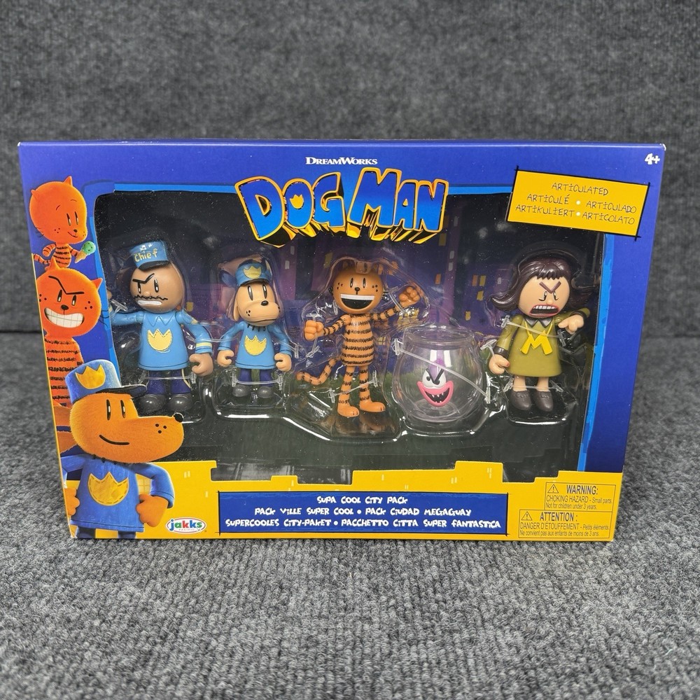 Jakks DOG MAN Supa Cool City Pack Figures Chief Dog Man Mayor Petey Flippy