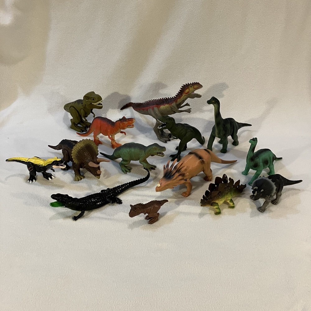 Lot of 14 Mixed Toy Plastic Rubber Dinosaurs Brachiosaur, T-Rex, Stegosaurus …