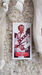 Original EVEL KNIEVEL FIGURES ORIGINAL HELMETS JUMPSUITS SCORE & PANINI CARDS