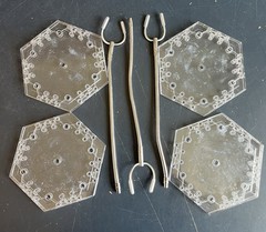 Three Action Figure Stands with Adjustable Metal Support Arms and Four Bases
