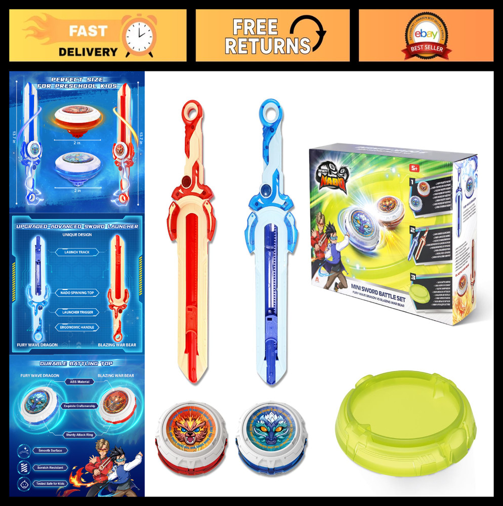 Battle Top Set with Arena & 2 Mini Sword Launchers – Spinning Tops Game for Kids