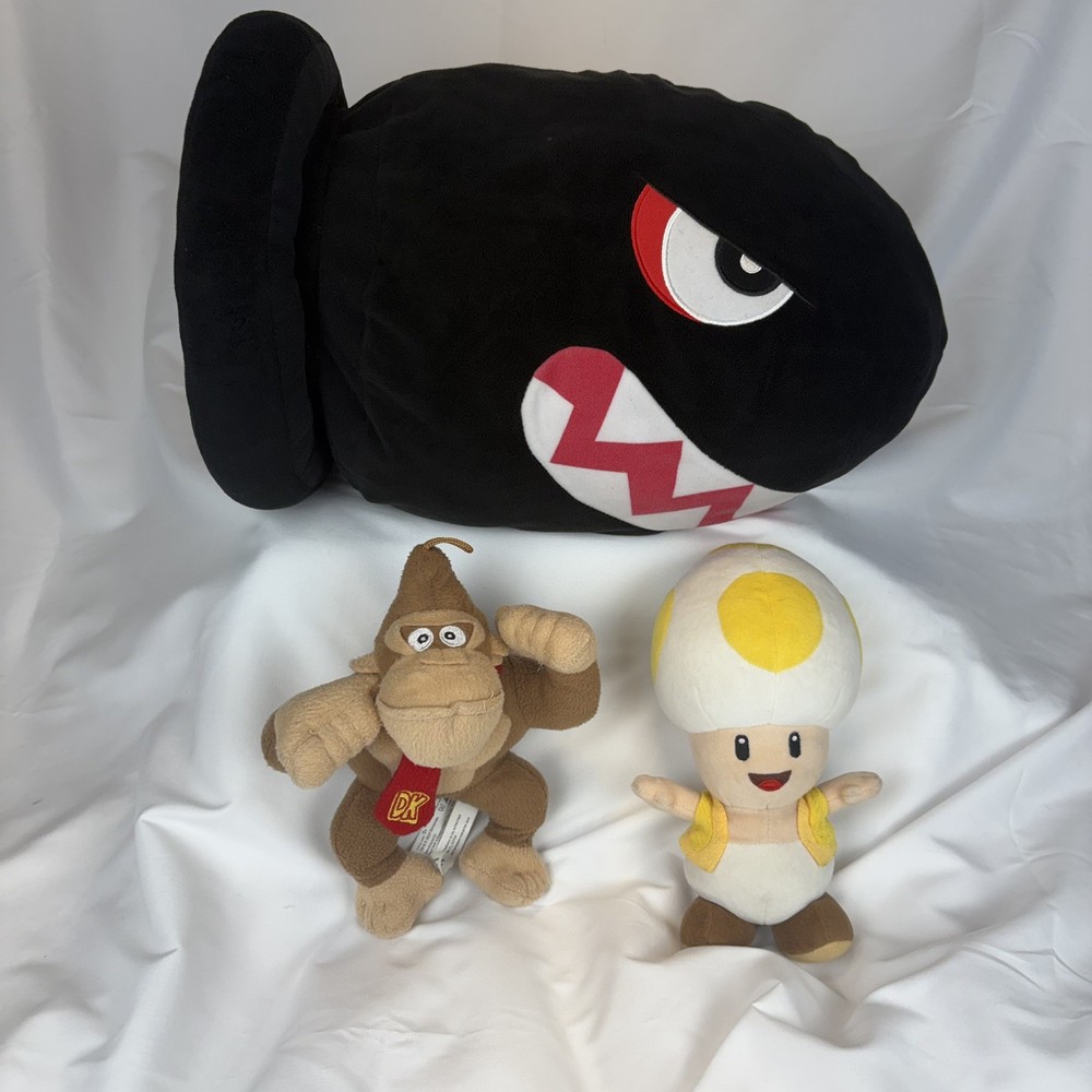 Super Mario Banzai Bill Pillow Plush 15” JUMBO Donkey Kong Yellow Toad Lot