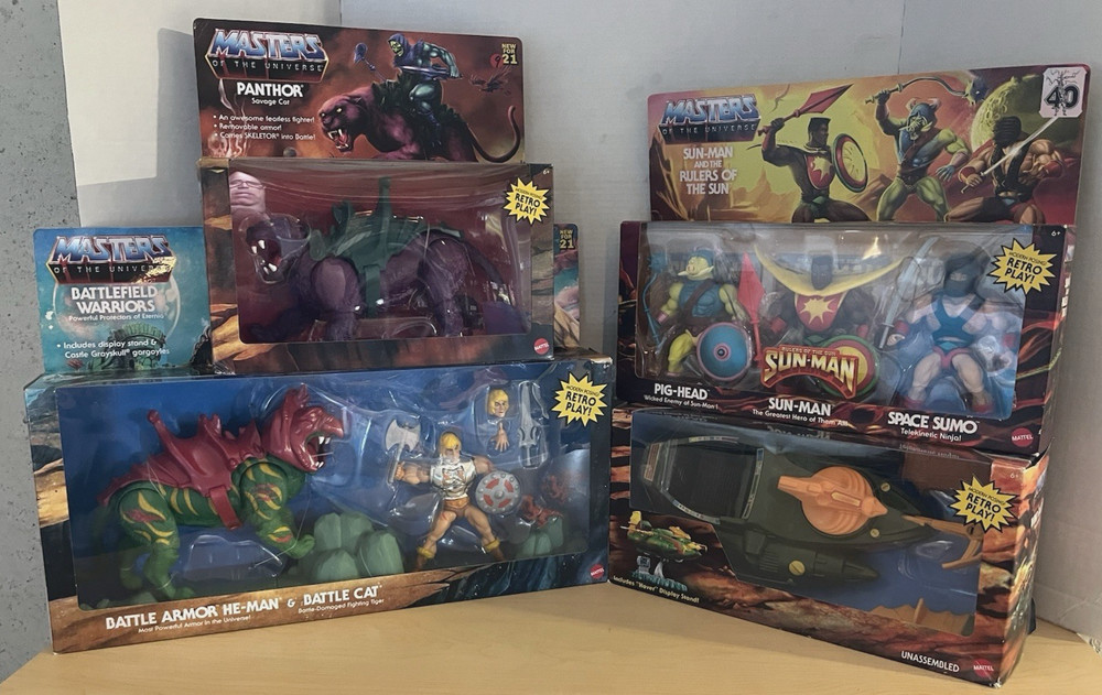Masters of the Universe Retro Play HE MAN Armor Figure Lot Mattel BATTLE CAT NEW