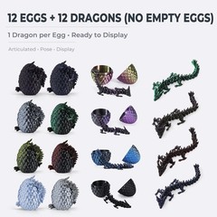 12 Pack – 3D Printed Dragon Eggs with 5.3″ Dragons Inside, Flexible, Dark Series