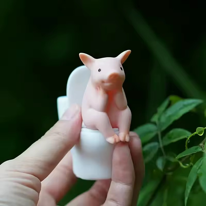 Cute Pig Sitting on Toilet — Pvc Bathroom Statue, Tabletop or Wall-Mount Decor