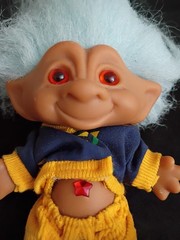 Vtg Troll Doll Ace Novelty Red Ruby Gem, Light Blue Hair, Yellow Corduroy