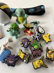 Lot of Pokemon Cards, Figures, Jibbitz, Belt, Pokeball, Stickers