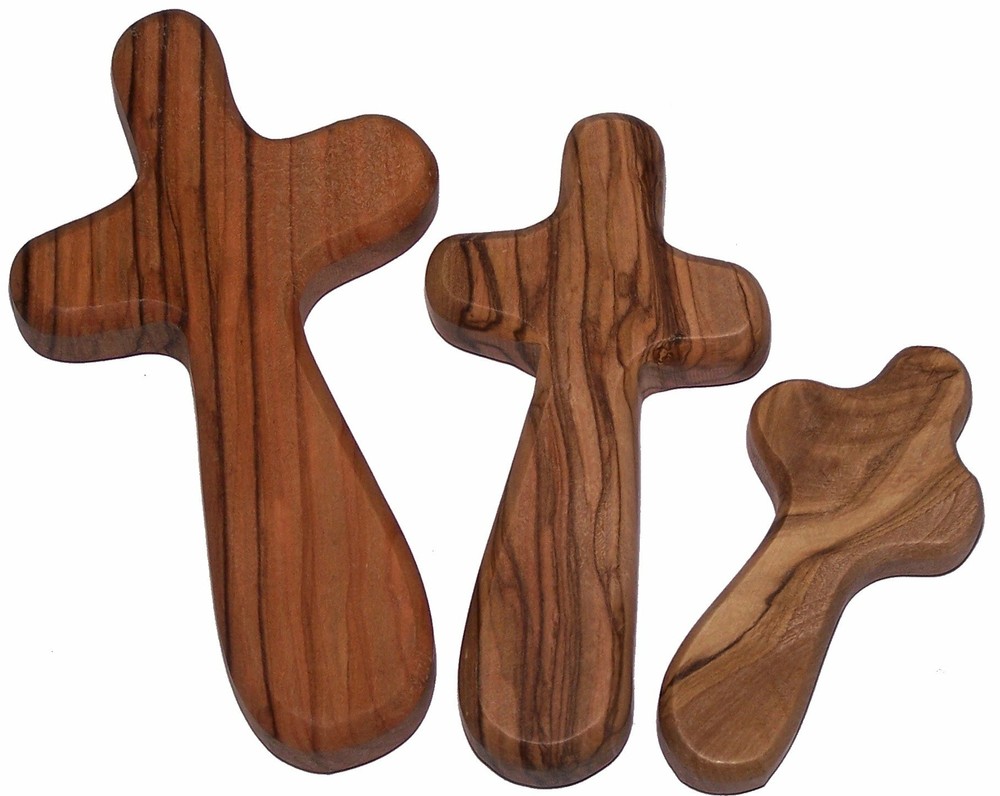 Three Olive Wood Comfort Handheld Crosses Velvet Bags & Cards – Set of 3 sizes