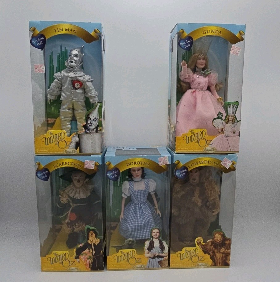 Wizard of Oz Brass Key Porcelain Doll Set of 5 Dorothy Toto Tin Man Scarecrow