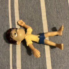 Plastic Human Action Figure Yellow Shirt Blue Shorts Brown/Beige Hair & Skin
