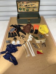 1960s GI Joe 43 Pc. Accessory Lot + Green Footlocker Storage Trunk Handles