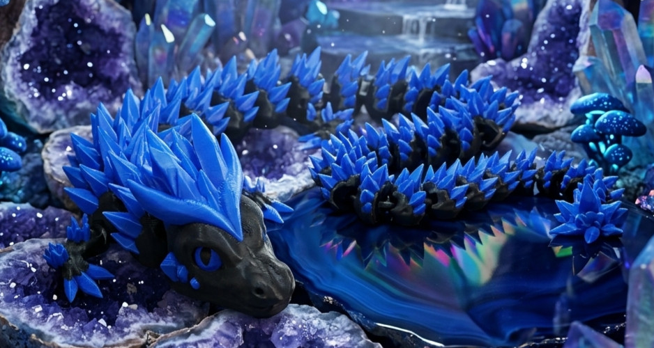 3D Printed Crystal Dragon -PLA- Black and Blue – 2 Ft Long – Articulated dragon