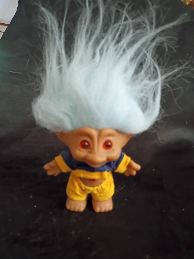 Vtg Troll Doll Ace Novelty Red Ruby Gem, Light Blue Hair, Yellow Corduroy