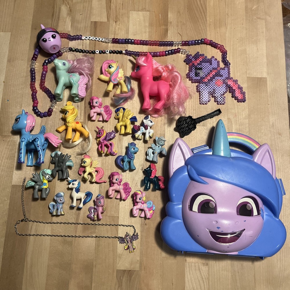 24 Pc Lot Hasbro My Little Pony Horse Figure Toy Lot With Carry Case Necklaces +