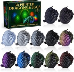 12 Pack – 3D Printed Dragon Eggs with 5.3″ Dragons Inside, Flexible, Dark Series