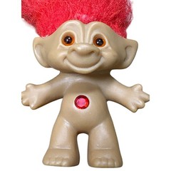 Vtg; Ace Novelty Treasure Troll Doll, Red Hair, circle Gem, 3″ Tall 90s Kidcore