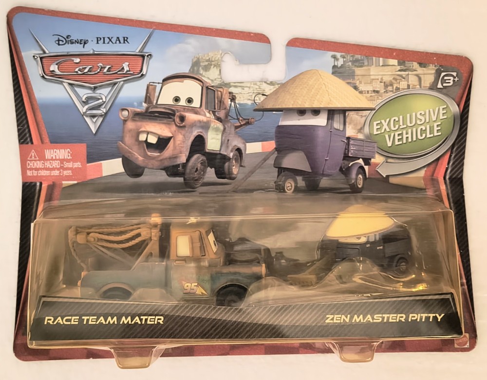 NEW ORIGINAL 2010 Disney Pixar Cars RACE TEAM MATER & ZEN MASTER PITTY 2 pack
