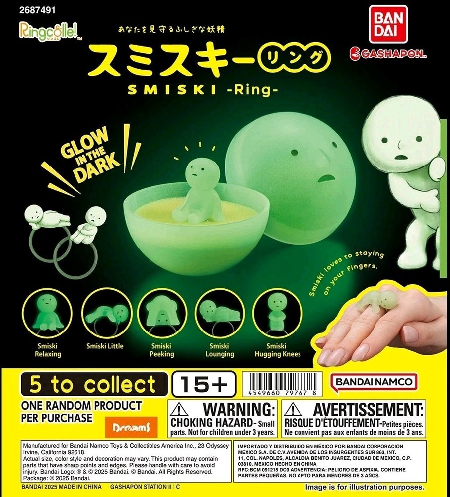 Genuine Smiski Ring Gacha Sealed Bandai Ringcolle- Glow In the Dark Gachapon