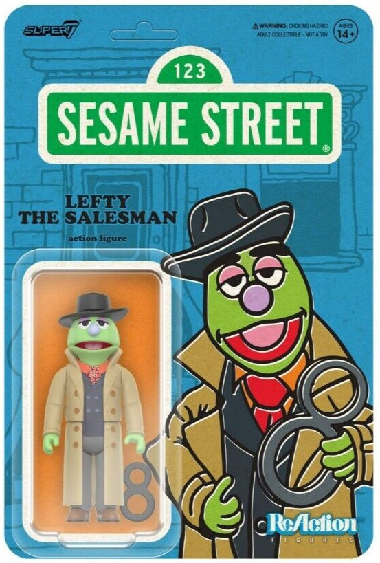 NEW Super7 Sesame Street LEFTY THE SALESMAN w/ #8 – 3.75-Inch ReAction Figure