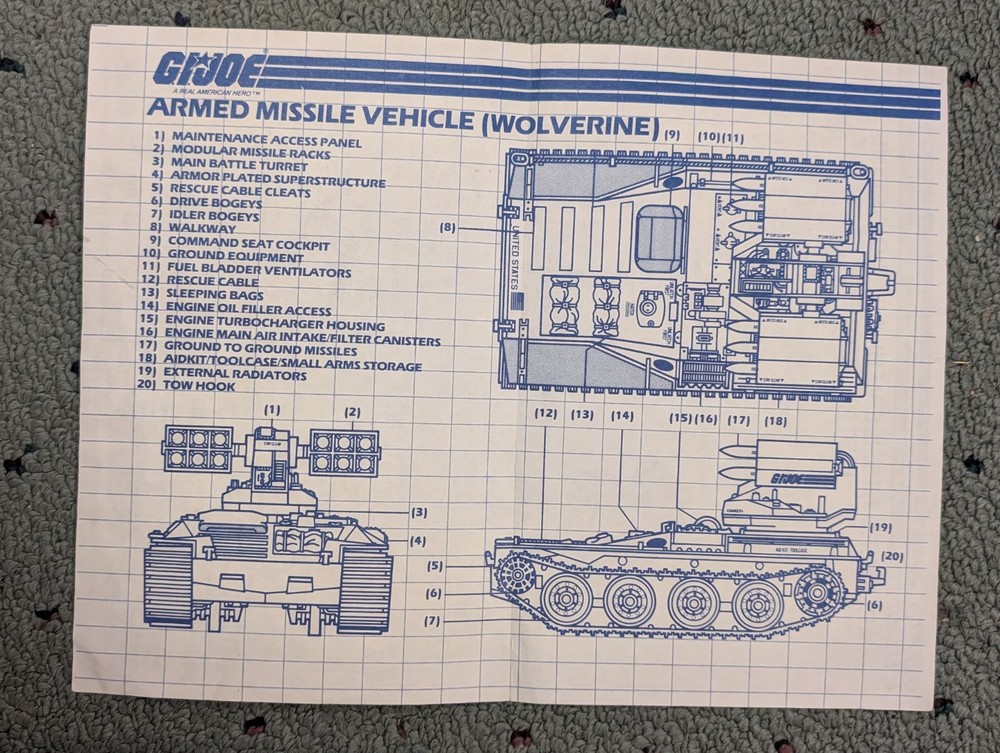 G.I. Joe 1983 Armed Missile Vehicle Wolverine Original Instructions Blueprints