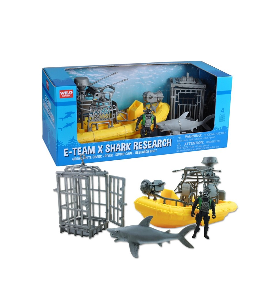 Wild Republic Shark Playset Boat Diver Cage 4 Piece Toy Set
