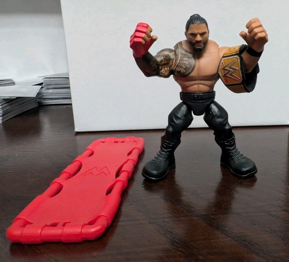 Wrestling Action Figure Toy w/ Championship Belt, Black Tan Gold Red Plastic