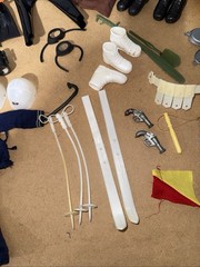1960s GI Joe 43 Pc. Accessory Lot + Green Footlocker Storage Trunk Handles